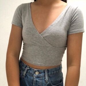 Brandy Melville Women's Gray Crop Top Cross Over Soft Cotton Blend One Size